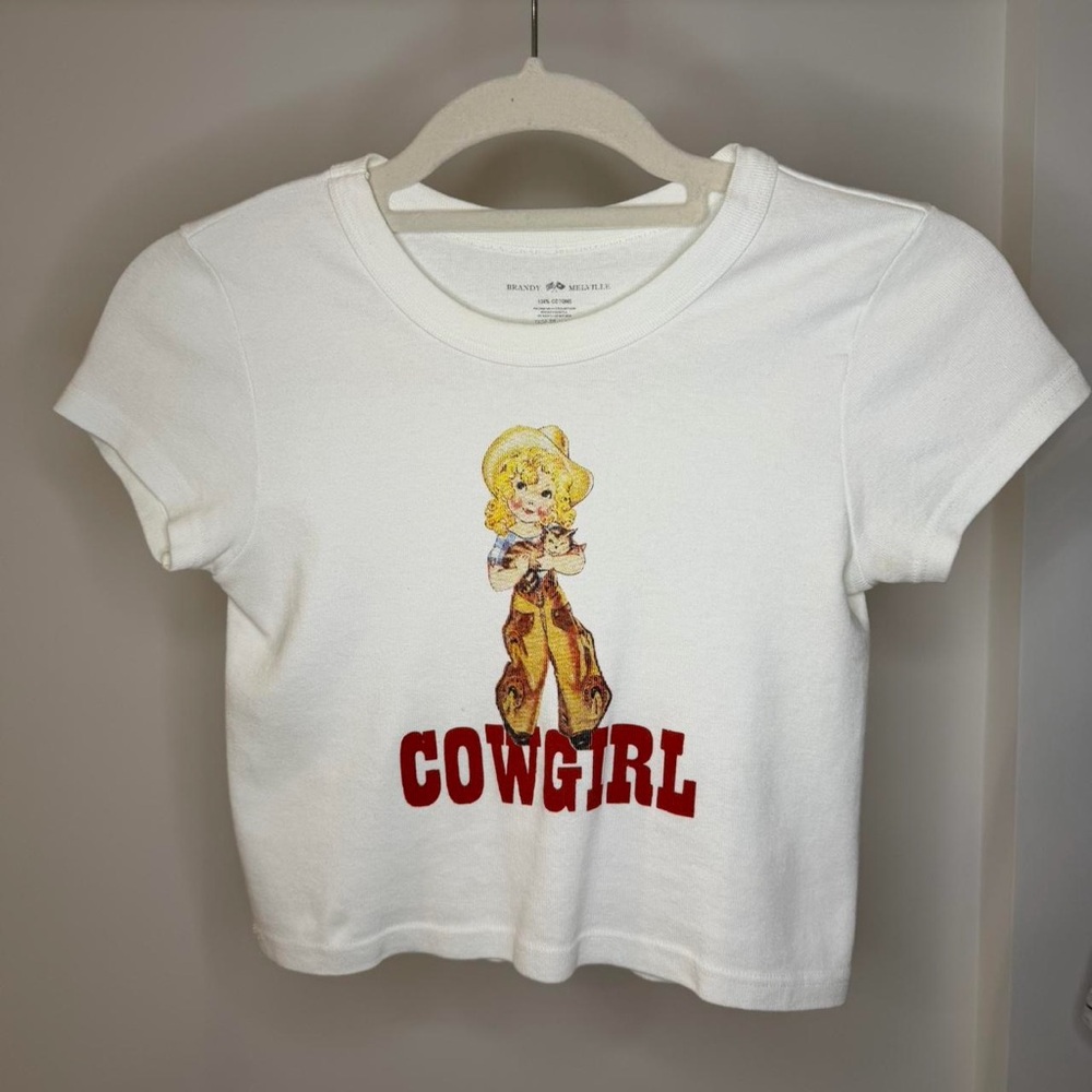 Brandy Melville White Cowgirl Graphic Tee with Red Text